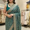 Eves – Glittery Rama Green Saree gold border and embroidery