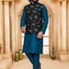 KPD2010_Turtle_Blue_Kurta_Pyjama_Set_With_Designer_Black_Jacket_Koti_and_Pocket_Square.jpg
