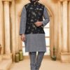 KPD2012_Grey_Kurta_Pyjama_Set_With_Designer_Black_Floral_Jacket_Vest_Koti_and_Pocket_Square.jpg