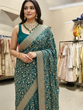 Eves - Glittery Rama Green Saree gold border and embroidery