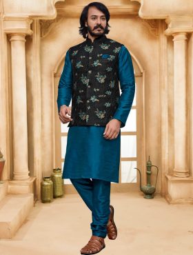 KPD2010_Turtle_Blue_Kurta_Pyjama_Set_With_Designer_Black_Jacket_Koti_and_Pocket_Square.jpg