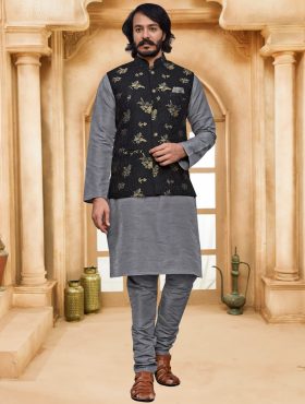 KPD2012_Grey_Kurta_Pyjama_Set_With_Designer_Black_Floral_Jacket_Vest_Koti_and_Pocket_Square.jpg