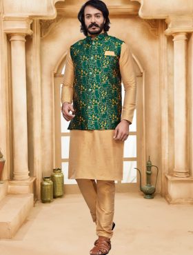 KPD2057_Golden_Kurta_Pyjama_Set_With_Designer_Green_Jacket_Koti_and_Pocket_Square.jpg
