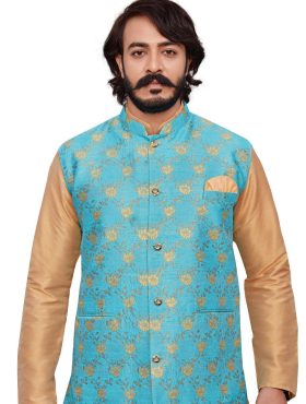 KPD2058_Gold_Kurta_Pyjama_Set_With_Designer_Cyan_Floral_Jacket_Koti_and_Pocket_Square.jpg