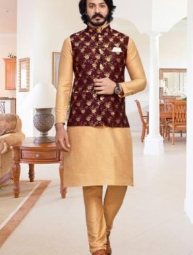 KPD2066_Golden_Kurta_Pyjama_Set_With_Designer_Mahroon_Jacket_Koti_and_Pocket_Square.jpg