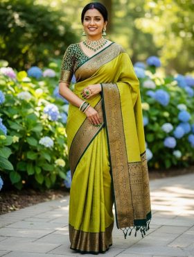 Temple Dual tone green Kanjeevaram Saree 1